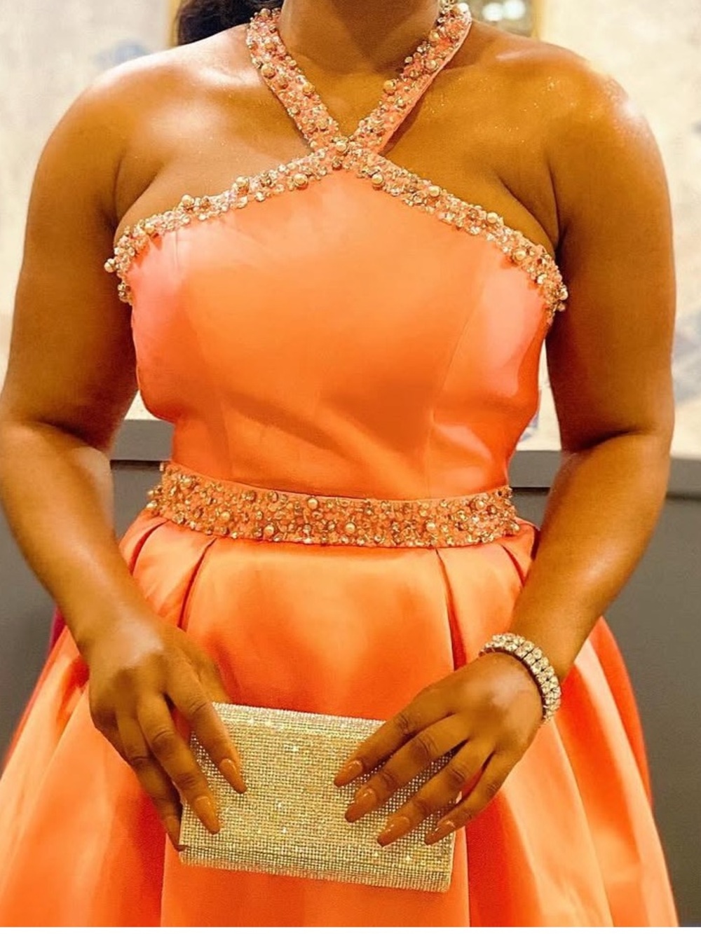 One-Shoulder Coral Evening Dress with Crystal Trim